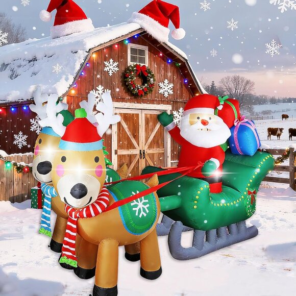 ⚡6.7FT Christmas Inflatables Santa Sleigh with Two Reindeer Outdoor Decorations - Picture 1 of 7